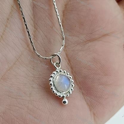 Moonstone Necklace, 925 Sterling Silver Pendant, Natural Rainbow Moonstone Round Gemstone Handmade Jewelry, June Birthstone, Gift For Her