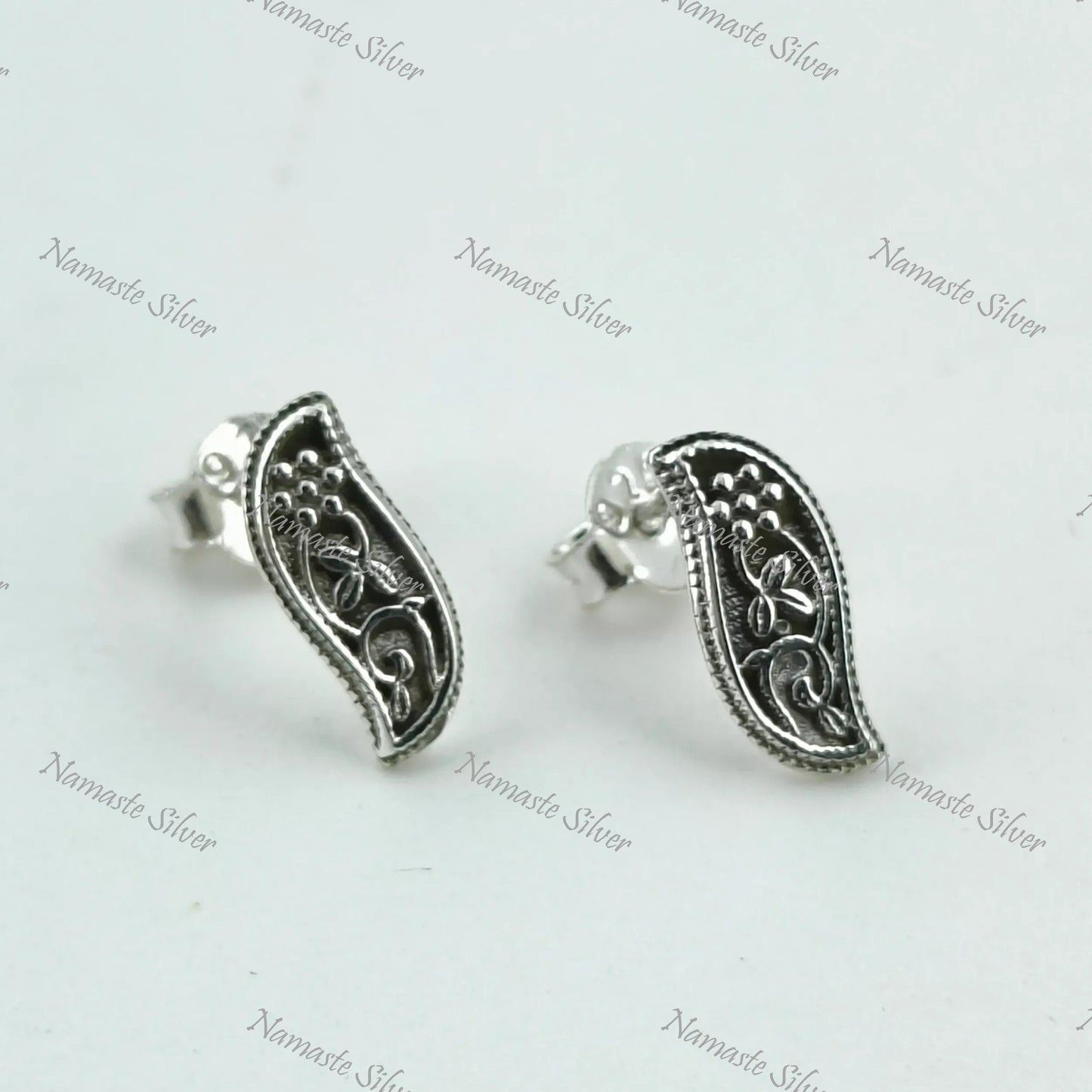 Tiny Floral Paisley Stud Earrings, 925 Sterling Silver Handmade Jewelry, Elegant Paisley Design Stud Posts, Unique Minimalist Gift for Her