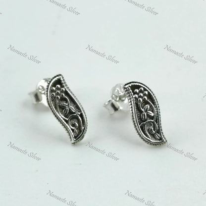 Tiny Floral Paisley Stud Earrings, 925 Sterling Silver Handmade Jewelry, Elegant Paisley Design Stud Posts, Unique Minimalist Gift for Her
