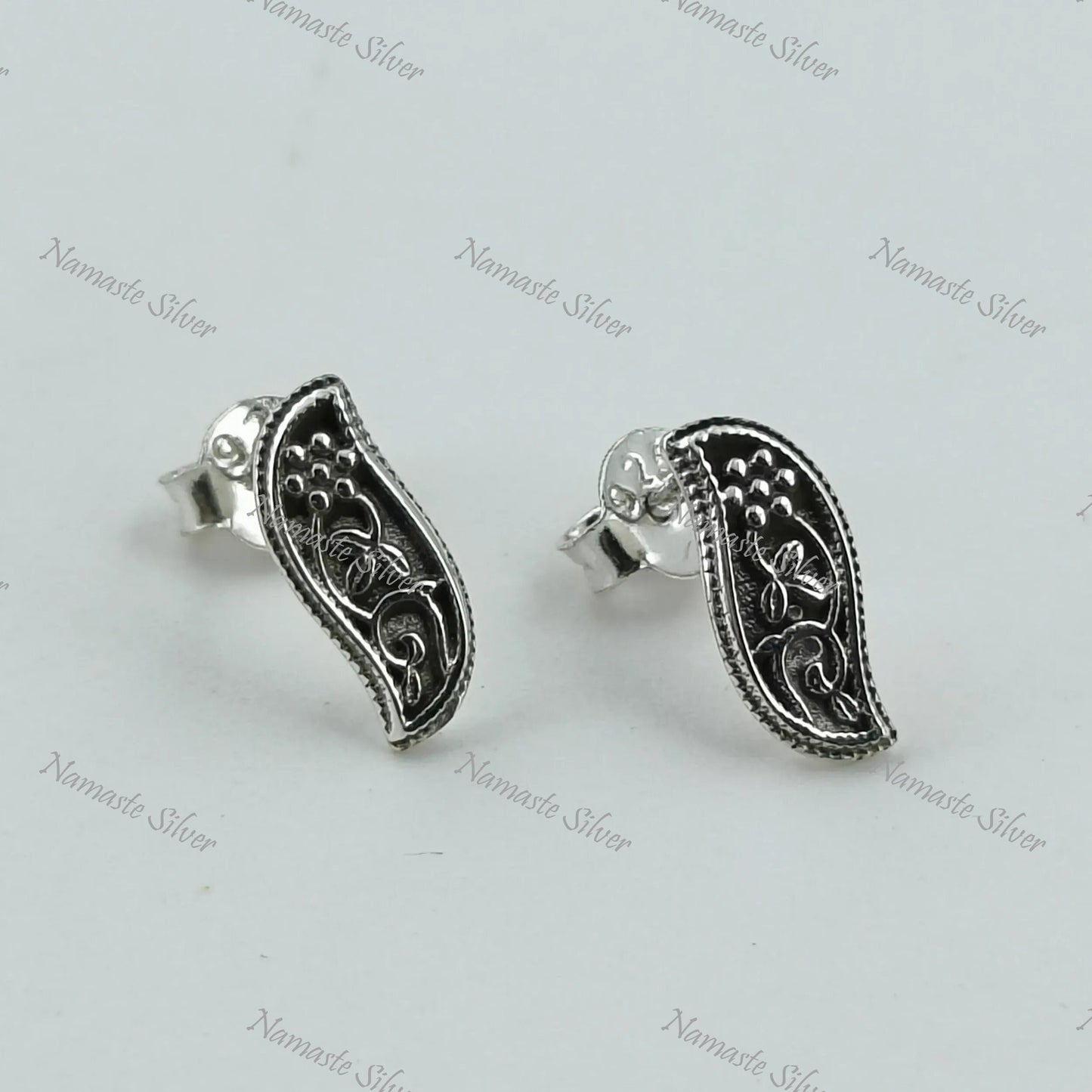 Tiny Floral Paisley Stud Earrings, 925 Sterling Silver Handmade Jewelry, Elegant Paisley Design Stud Posts, Unique Minimalist Gift for Her