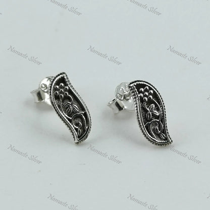 Tiny Floral Paisley Stud Earrings, 925 Sterling Silver Handmade Jewelry, Elegant Paisley Design Stud Posts, Unique Minimalist Gift for Her