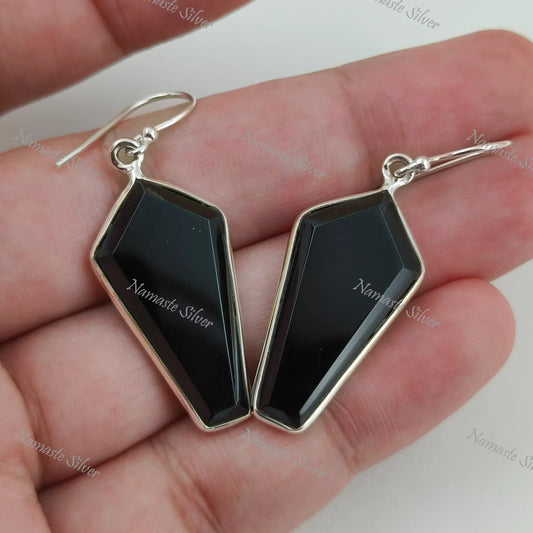 Black Onyx Earrings, Sterling Silver Dangle Drop Earrings, Natural Black Gemstone Kite Shape Handmade Jewelry, July Birthstone, Gift for Her