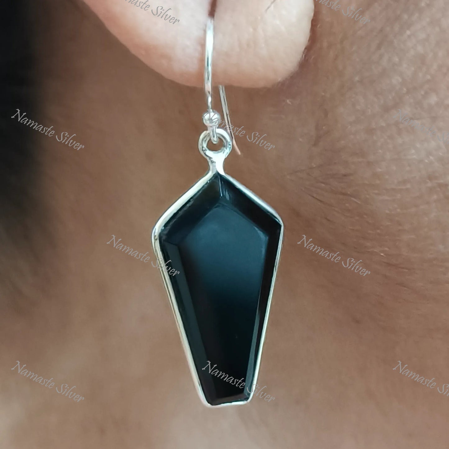 Black Onyx Earrings, Sterling Silver Dangle Drop Earrings, Natural Black Gemstone Kite Shape Handmade Jewelry, July Birthstone, Gift for Her