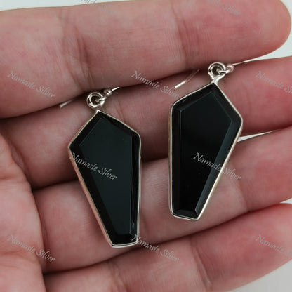Black Onyx Earrings, Sterling Silver Dangle Drop Earrings, Natural Black Gemstone Kite Shape Handmade Jewelry, July Birthstone, Gift for Her