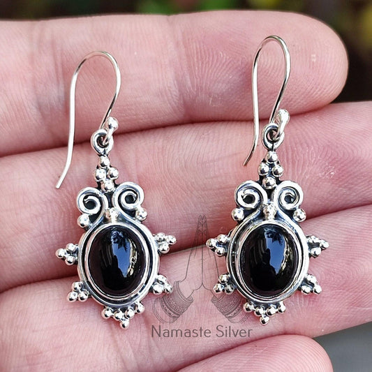 Black Onyx Earrings, 925 Sterling Silver Dangle Earrings, Natural Black Gemstone Oval Handmade Boho Jewelry, July Birthstone Gift for her