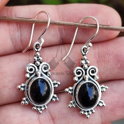 Black Onyx Earrings, 925 Sterling Silver Dangle Earrings, Natural Black Gemstone Oval Handmade Boho Jewelry, July Birthstone Gift for her