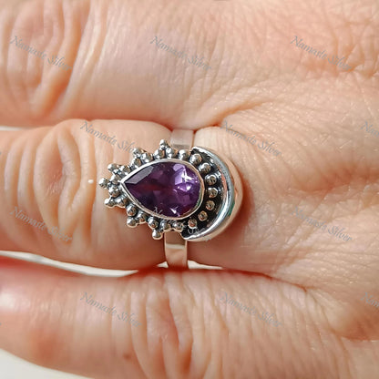 Amethyst Ring, 925 Sterling Silver Promise Ring, Natural Purple Pear Shape Gemstone Handmade Jewelry, February Birthstone, Gift for Her