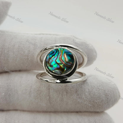 Abalone Shell Ring, 925 Sterling Silver Statement Promise Ring, Natural Ocean Seashell Round Handmade Jewelry, Paua Shell Ring, Gift for her