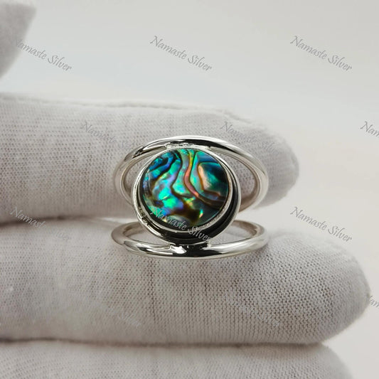 Abalone Shell Ring, 925 Sterling Silver Statement Promise Ring, Natural Ocean Seashell Round Handmade Jewelry, Paua Shell Ring, Gift for her