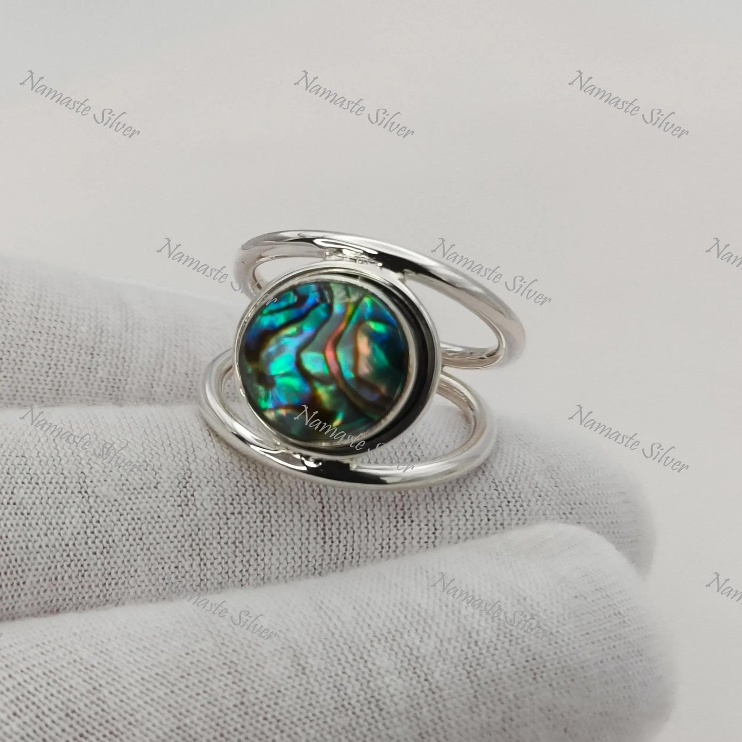 Abalone Shell Ring, 925 Sterling Silver Statement Promise Ring, Natural Ocean Seashell Round Handmade Jewelry, Paua Shell Ring, Gift for her
