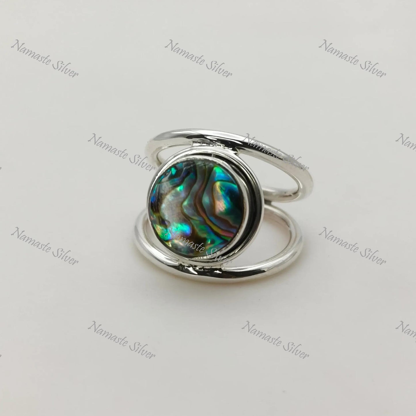 Abalone Shell Ring, 925 Sterling Silver Statement Promise Ring, Natural Ocean Seashell Round Handmade Jewelry, Paua Shell Ring, Gift for her