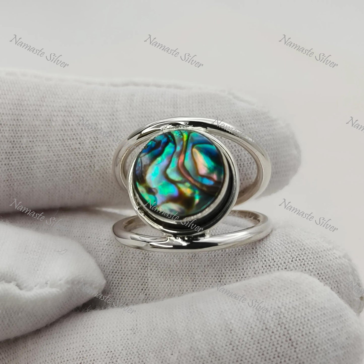 Abalone Shell Ring, 925 Sterling Silver Statement Promise Ring, Natural Ocean Seashell Round Handmade Jewelry, Paua Shell Ring, Gift for her