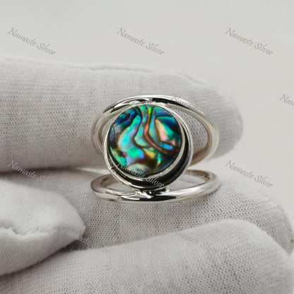 Abalone Shell Ring, 925 Sterling Silver Statement Promise Ring, Natural Ocean Seashell Round Handmade Jewelry, Paua Shell Ring, Gift for her