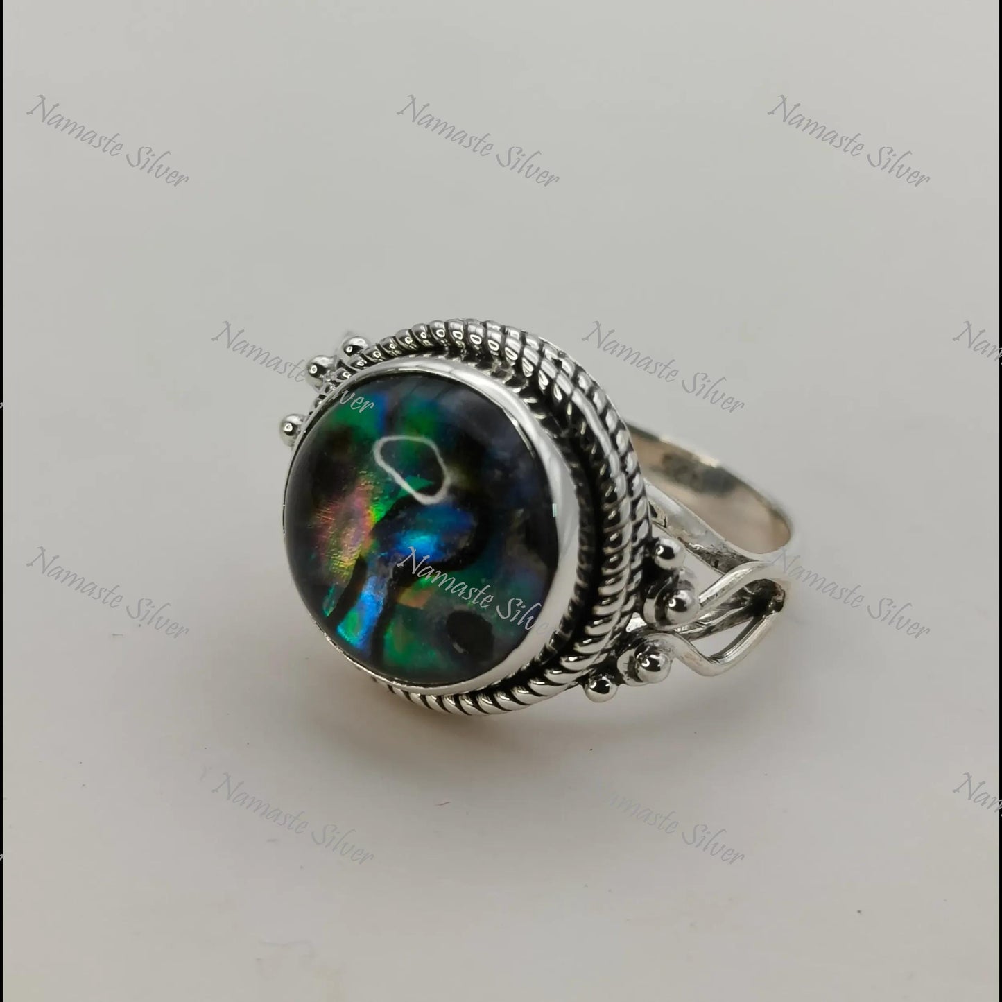 Abalone Shell Ring, Sterling Silver Statement Promise Ring, Natural Ocean Seashell Round Handmade Jewelry, Paua Shell Ring, Gift for her