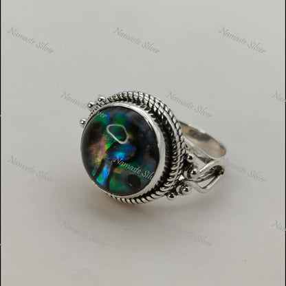 Abalone Shell Ring, Sterling Silver Statement Promise Ring, Natural Ocean Seashell Round Handmade Jewelry, Paua Shell Ring, Gift for her