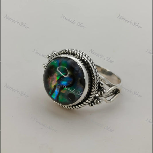 Abalone Shell Ring, Sterling Silver Statement Promise Ring, Natural Ocean Seashell Round Handmade Jewelry, Paua Shell Ring, Gift for her
