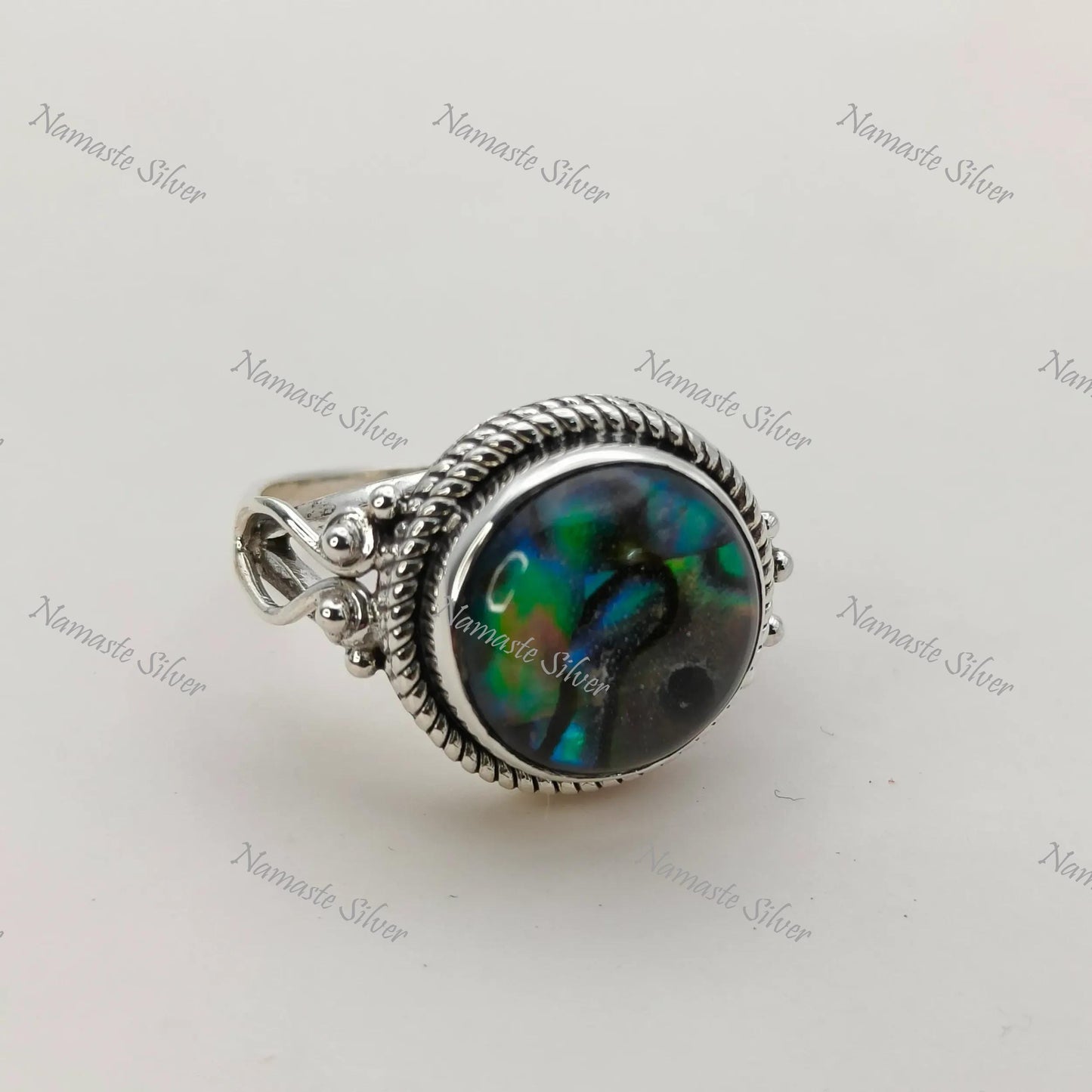 Abalone Shell Ring, Sterling Silver Statement Promise Ring, Natural Ocean Seashell Round Handmade Jewelry, Paua Shell Ring, Gift for her