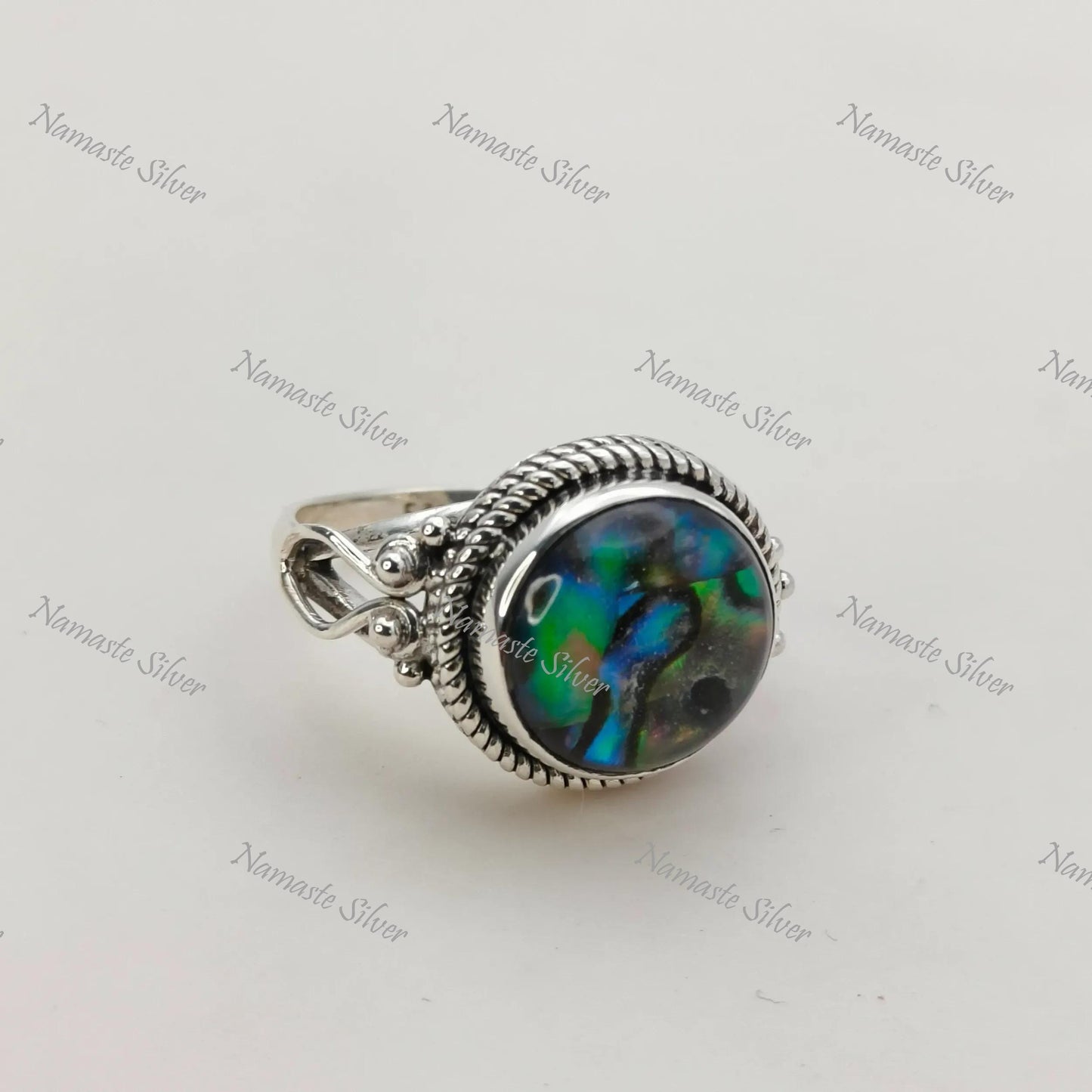 Abalone Shell Ring, Sterling Silver Statement Promise Ring, Natural Ocean Seashell Round Handmade Jewelry, Paua Shell Ring, Gift for her