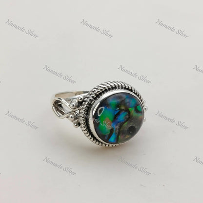 Abalone Shell Ring, Sterling Silver Statement Promise Ring, Natural Ocean Seashell Round Handmade Jewelry, Paua Shell Ring, Gift for her