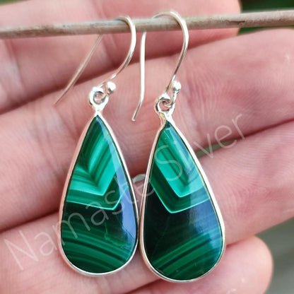 Malachite Earrings, 925 Sterling Silver Dangle Earrings, Natural Malachite Tear Drop Long Earrings, Handmade Gemstone Jewelry, Gift for Her