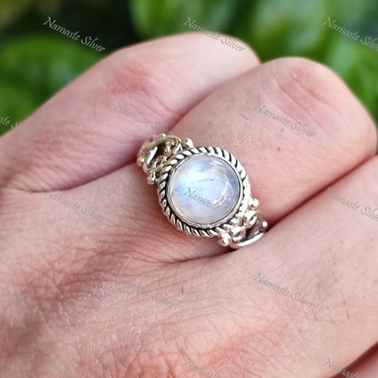 Rainbow Moonstone Ring, Sterling Silver Rings for Women, June Birthstone Ring, Moonstone Round Gemstone Handmade Boho Jewelry, Gift for her