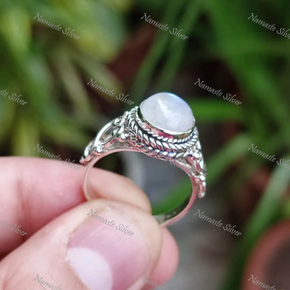 Rainbow Moonstone Ring, Sterling Silver Rings for Women, June Birthstone Ring, Moonstone Round Gemstone Handmade Boho Jewelry, Gift for her
