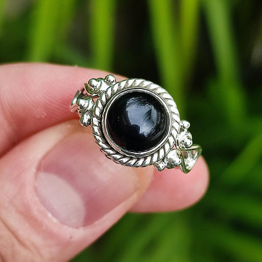 Black Onyx Ring, 925 Sterling Silver Promise Ring for Women, July Birthstone, Natural Onyx Round Gemstone Handmade Jewelry, Gift for Her