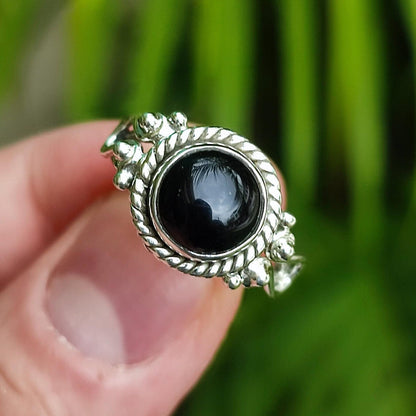 Black Onyx Ring, 925 Sterling Silver Promise Ring for Women, July Birthstone, Natural Onyx Round Gemstone Handmade Jewelry, Gift for Her