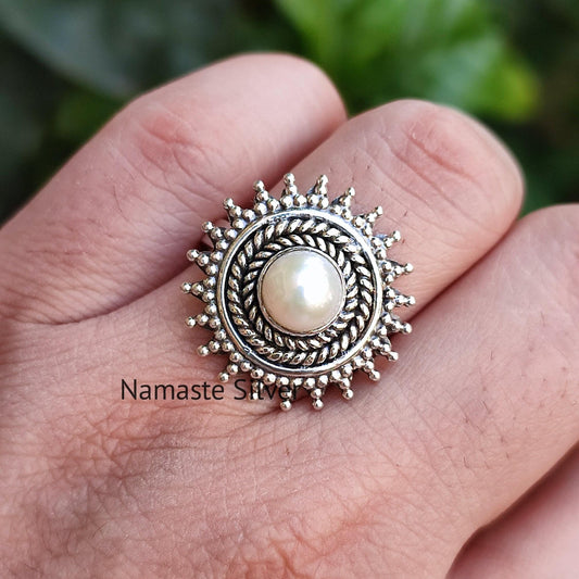Pearl Ring, 925 Sterling Silver Statement Promise Ring, Freshwater Pearl Round Handmade Boho Jewelry, June Birthstone, Gift for Her Birthday