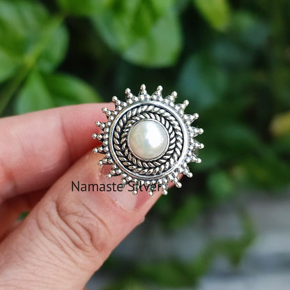 Pearl Ring, 925 Sterling Silver Statement Promise Ring, Freshwater Pearl Round Handmade Boho Jewelry, June Birthstone, Gift for Her Birthday