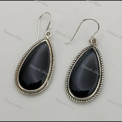 Black Onyx Earrings, Sterling Silver Dangle Drop Earrings, Natural Black Gemstone Pear Shape Handmade Jewelry, July Birthstone, Gift for Her