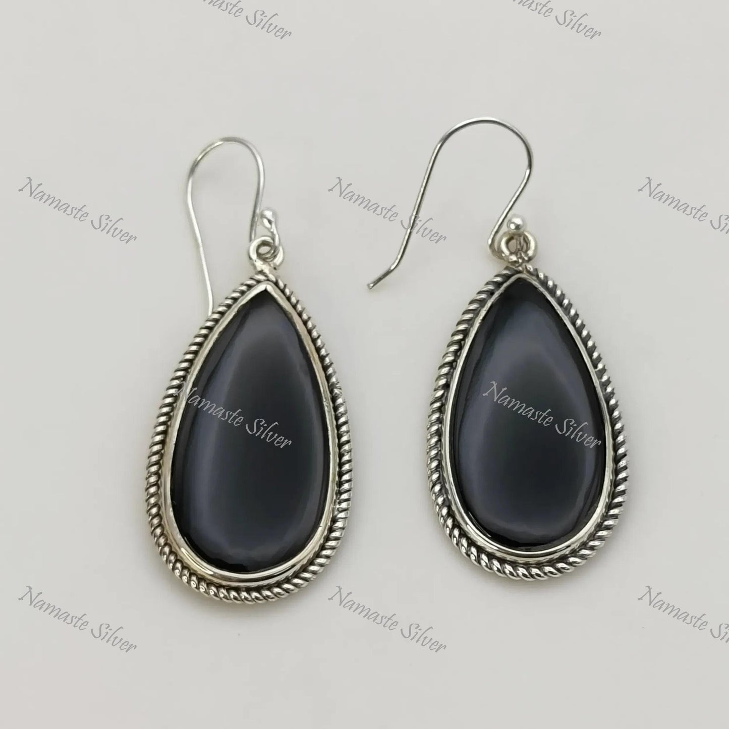 Black Onyx Earrings, Sterling Silver Dangle Drop Earrings, Natural Black Gemstone Pear Shape Handmade Jewelry, July Birthstone, Gift for Her