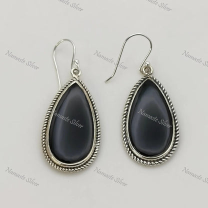 Black Onyx Earrings, Sterling Silver Dangle Drop Earrings, Natural Black Gemstone Pear Shape Handmade Jewelry, July Birthstone, Gift for Her