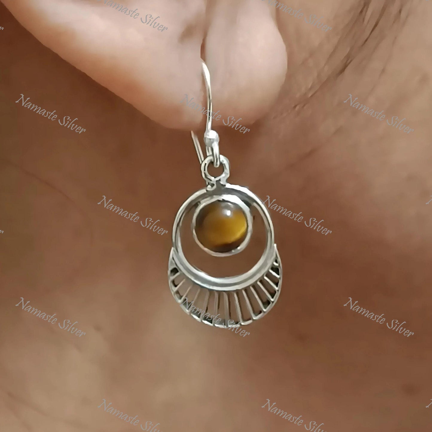 Tigers Eye Earrings, 925 Sterling Silver Dangle Earrings, Natural Tiger's Eye Round Gemstone Handmade Jewelry, June Birthstone, Gift for Her