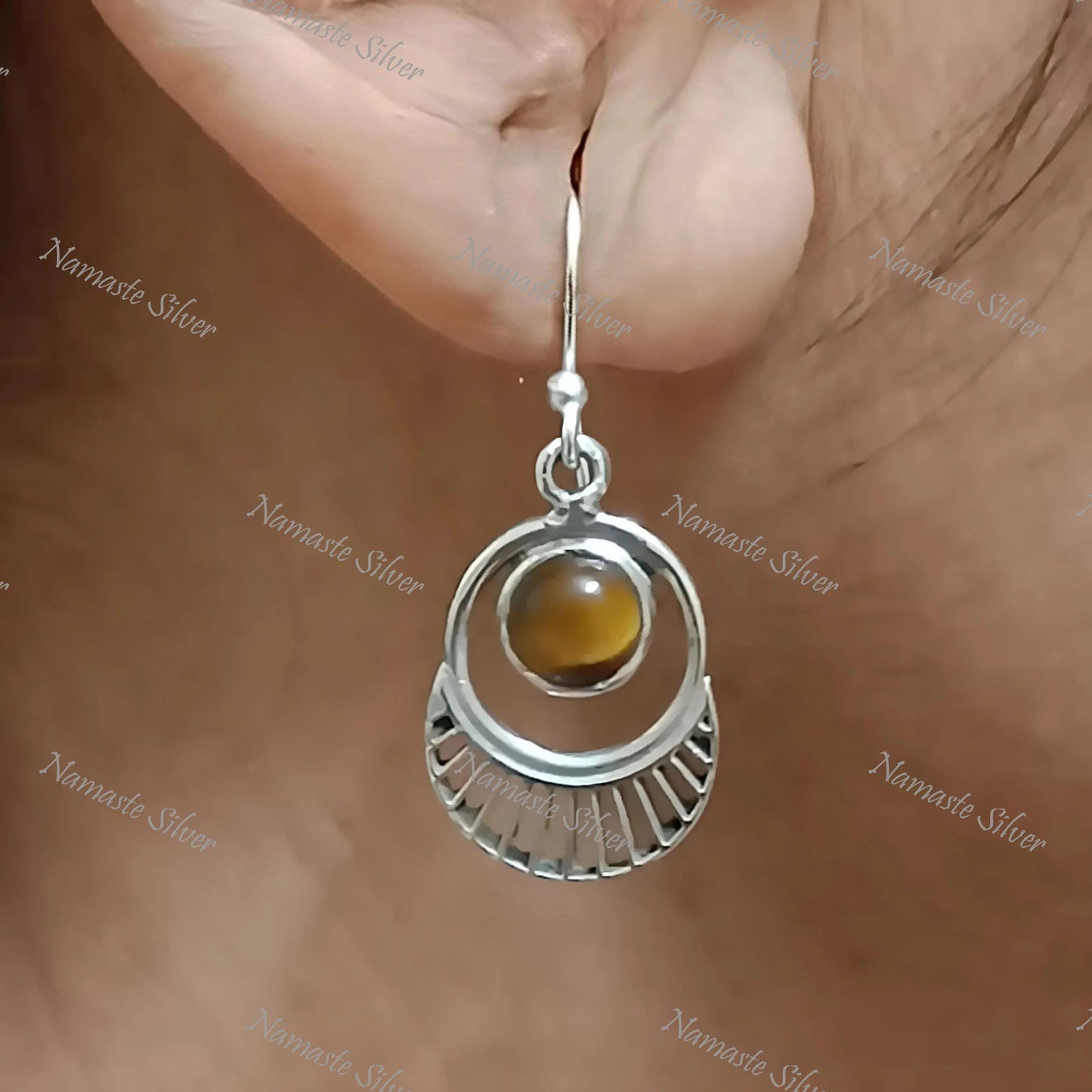 Tigers Eye Earrings, 925 Sterling Silver Dangle Earrings, Natural Tiger's Eye Round Gemstone Handmade Jewelry, June Birthstone, Gift for Her