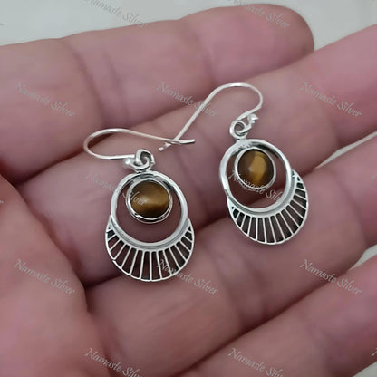 Tigers Eye Earrings, 925 Sterling Silver Dangle Earrings, Natural Tiger's Eye Round Gemstone Handmade Jewelry, June Birthstone, Gift for Her