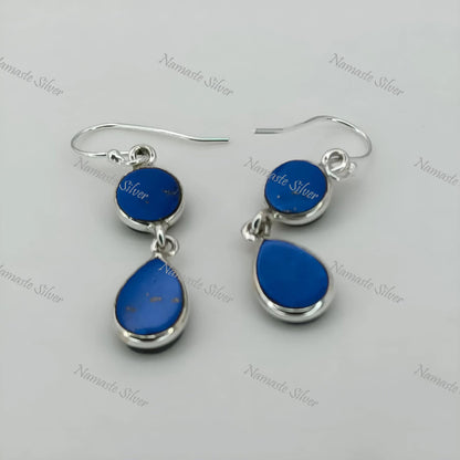 Lapis Lazuli Silver Earrings, 925 Sterling Silver Handmade Dangle Drop Earrings, Natural Lapis Lazuli Dual Gemstone Jewelry, Gift for her