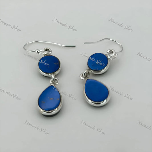 Lapis Lazuli Silver Earrings, 925 Sterling Silver Handmade Dangle Drop Earrings, Natural Lapis Lazuli Dual Gemstone Jewelry, Gift for her