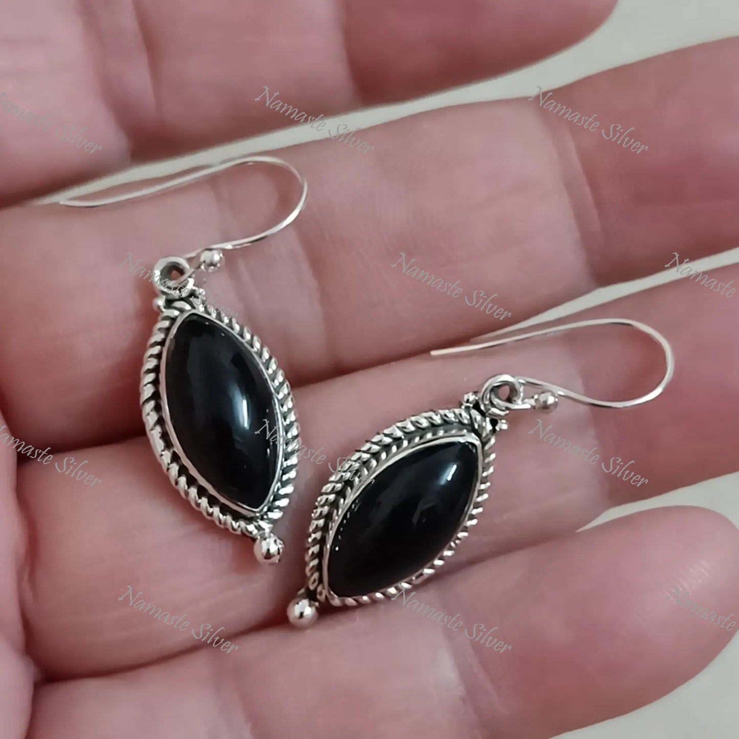 Black Onyx Silver Earrings, 925 Sterling Silver Dangle Earrings, Natural Black Onyx Marquise Handmade Jewelry, Gift For Her, July Birthstone