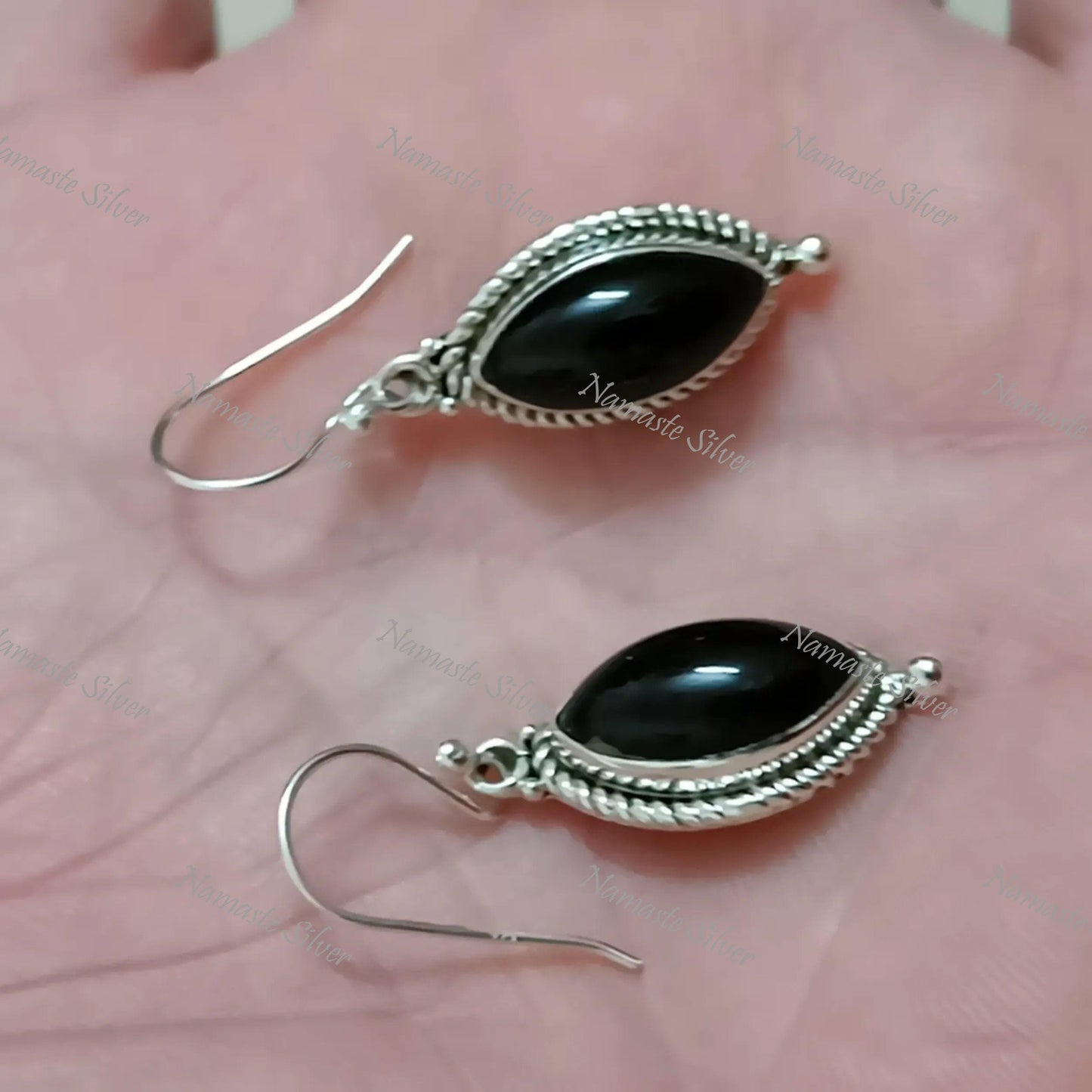 Black Onyx Silver Earrings, 925 Sterling Silver Dangle Earrings, Natural Black Onyx Marquise Handmade Jewelry, Gift For Her, July Birthstone