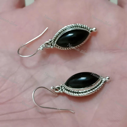 Black Onyx Silver Earrings, 925 Sterling Silver Dangle Earrings, Natural Black Onyx Marquise Handmade Jewelry, Gift For Her, July Birthstone