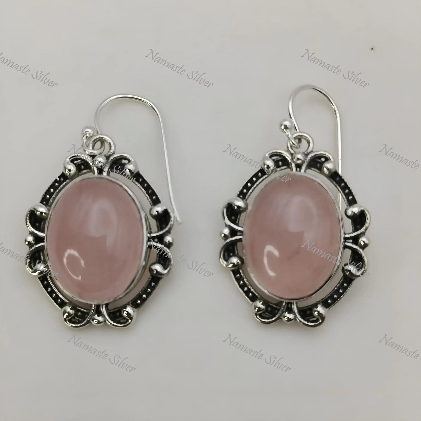 Rose Quartz Earrings, 925 Sterling Silver Dangle Drop Earrings, Natural Rose Quartz Oval Handmade Jewelry, Gift For Her, January Birthstone