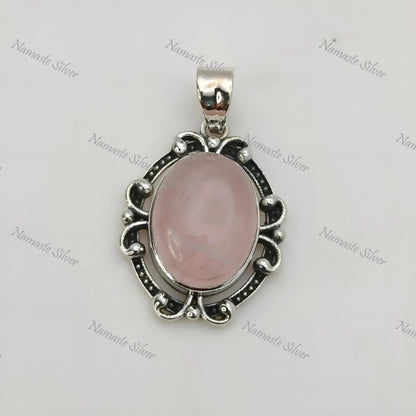 Rose Quartz Pendant, 925 Sterling Silver Locket, Natural Pink Quartz Oval Gemstone Handmade Boho Jewelry, January Birthstone, Gift For Her