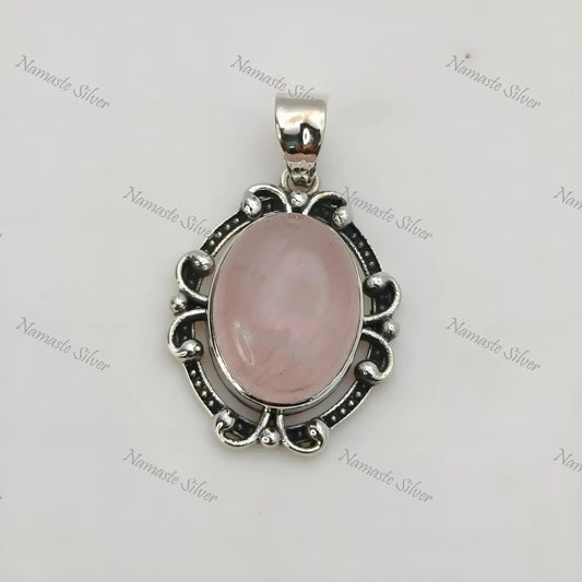 Rose Quartz Pendant, 925 Sterling Silver Locket, Natural Pink Quartz Oval Gemstone Handmade Boho Jewelry, January Birthstone, Gift For Her