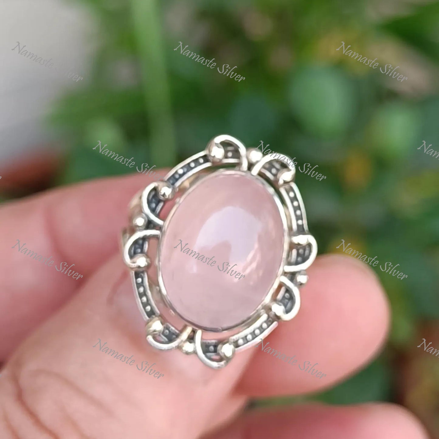 Rose Quartz Ring, 925 Sterling Silver Statement Promise Ring, Natural Pink Gemstone Oval Boho Jewelry, January Birthstone, Gift for her