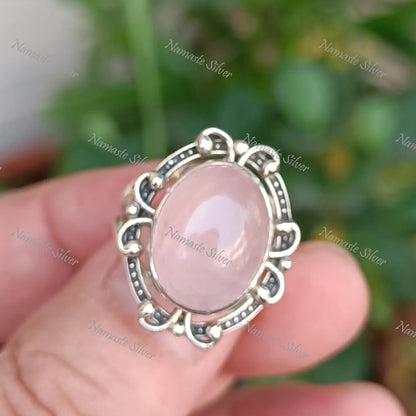 Rose Quartz Ring, 925 Sterling Silver Statement Promise Ring, Natural Pink Gemstone Oval Boho Jewelry, January Birthstone, Gift for her