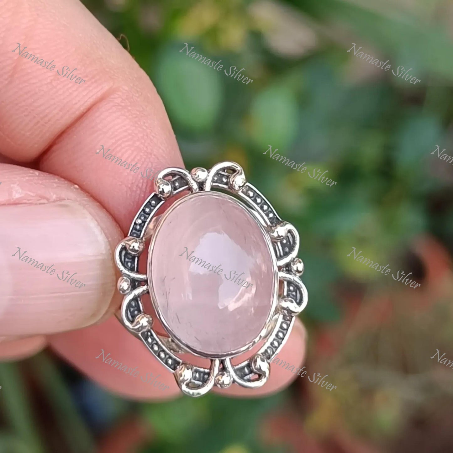 Rose Quartz Ring, 925 Sterling Silver Statement Promise Ring, Natural Pink Gemstone Oval Boho Jewelry, January Birthstone, Gift for her