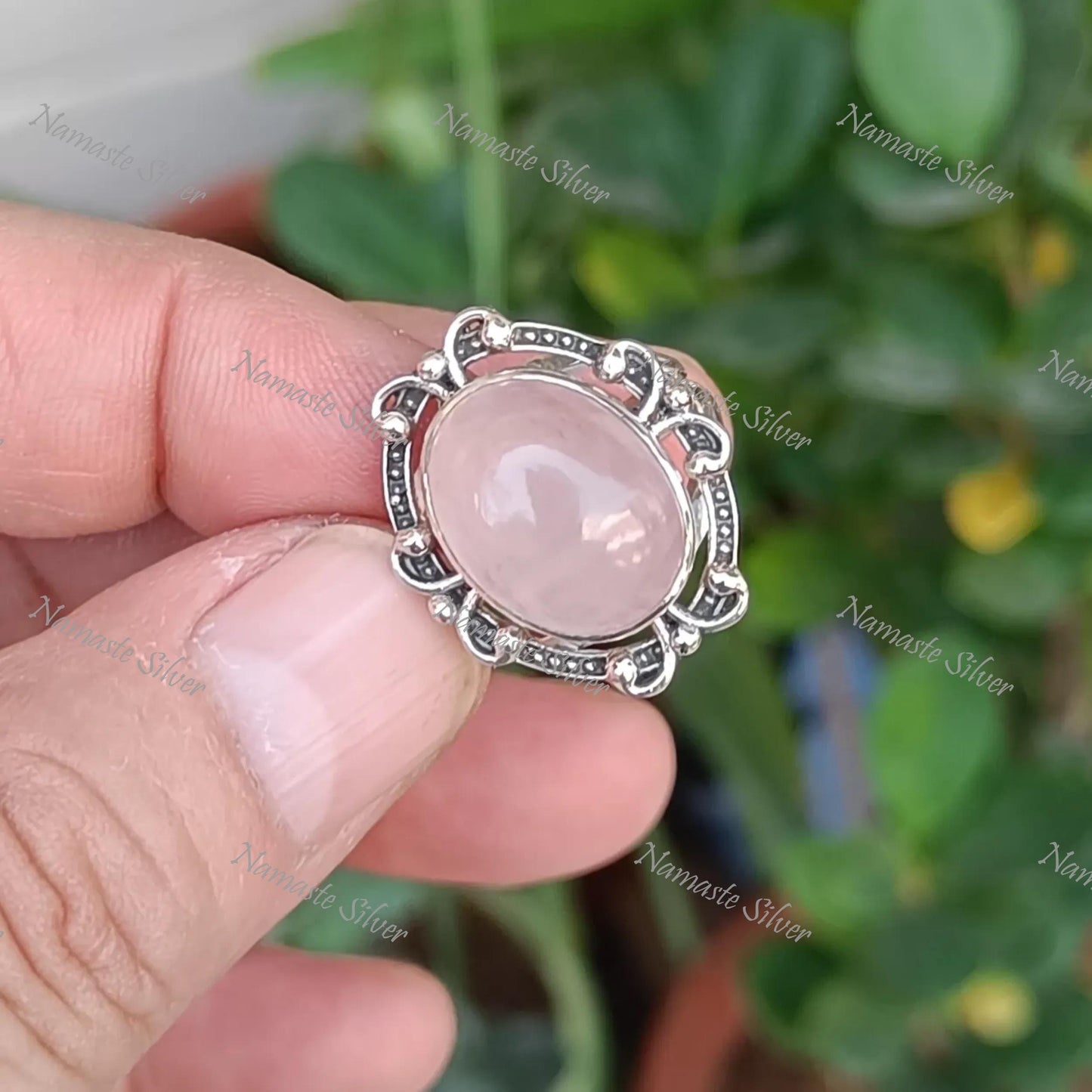 Rose Quartz Ring, 925 Sterling Silver Statement Promise Ring, Natural Pink Gemstone Oval Boho Jewelry, January Birthstone, Gift for her