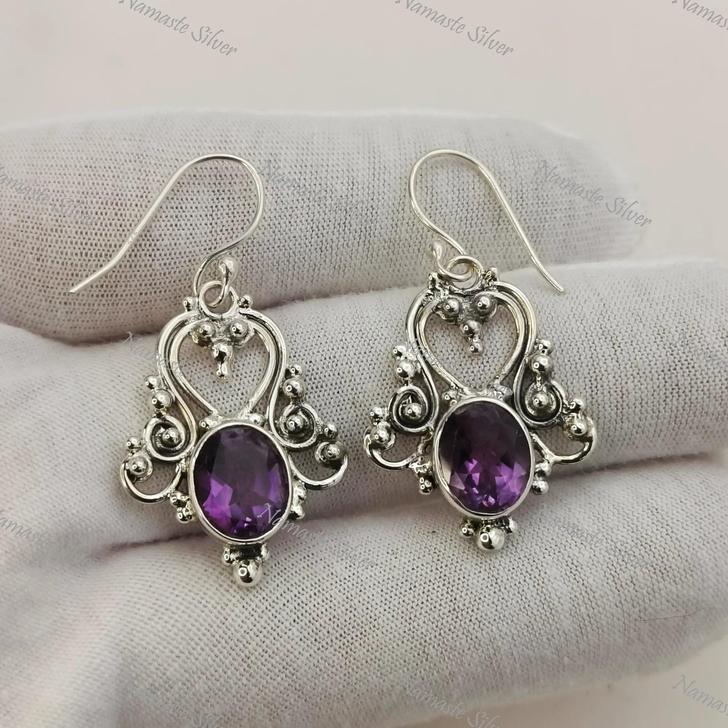 Amethyst Earrings, 925 Sterling Silver Dangle Earrings, Natural Purple Amethyst Oval Gemstone Jewelry, February Birthstone, Gift For Her