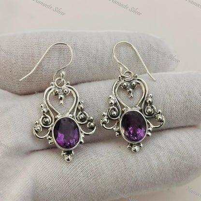 Amethyst Earrings, 925 Sterling Silver Dangle Earrings, Natural Purple Amethyst Oval Gemstone Jewelry, February Birthstone, Gift For Her